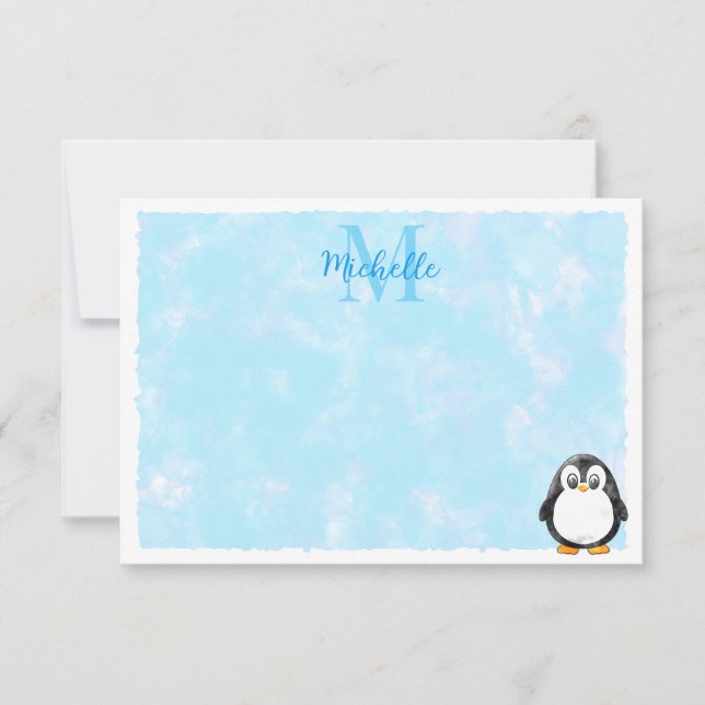 Cute Penguin Cartoon Custom Monogram Pastel Blue Mitteilungskarte (Vorderseite)