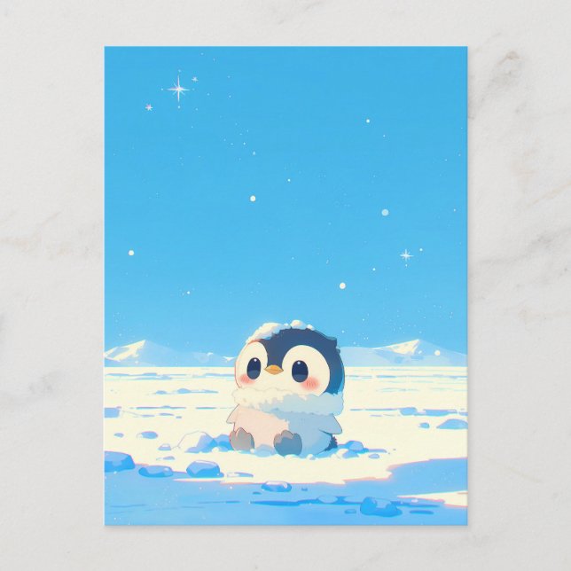 Cute Penguin Chick in Starry Arctic Landscape Postkarte (Vorderseite)
