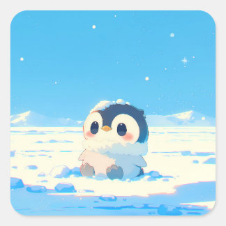 Cute Penguin Chick in Starry Arctic Landscape Quadratischer Aufkleber