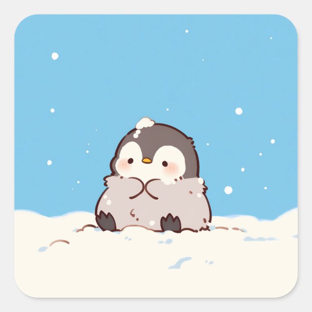 Cute Penguin Chick in Winter Snow Quadratischer Aufkleber (Vorderseite)