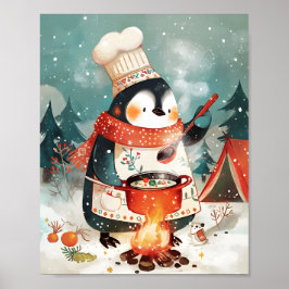 Cute Penguin Cooking Watercolor Winter Nursery Poster