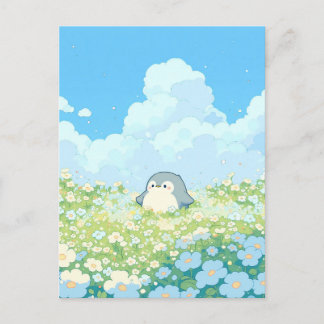 Cute Penguin in Blue and White Meadow Postkarte
