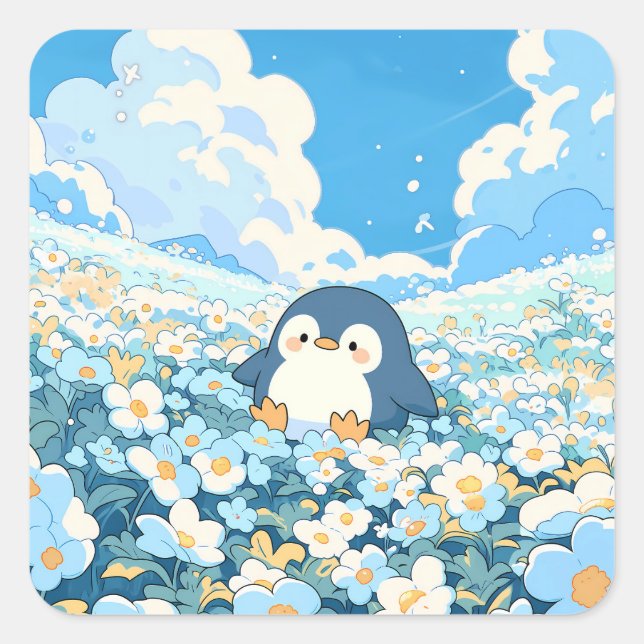 Cute Penguin in Blue Wildflower Field Quadratischer Aufkleber (Vorderseite)