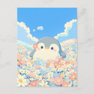 Cute Penguin in Colorful Spring Meadow Postkarte