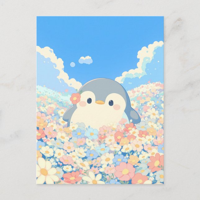 Cute Penguin in Colorful Spring Meadow Postkarte (Vorderseite)