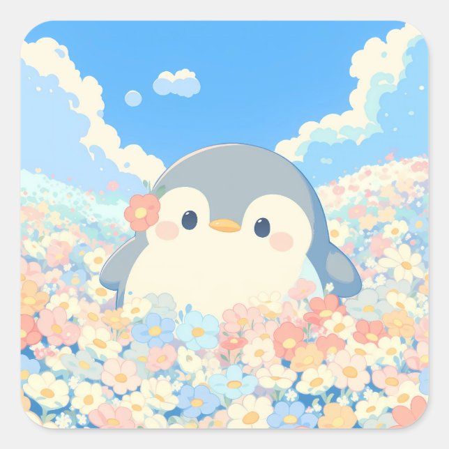 Cute Penguin in Colorful Spring Meadow Quadratischer Aufkleber (Vorderseite)