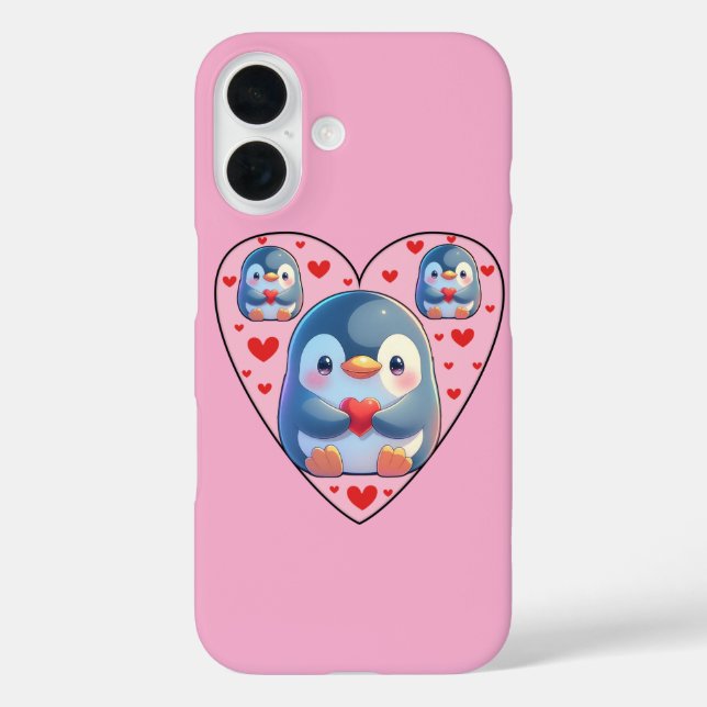 Cute Penguin Love Heart iPhone 16 Case (Rückseite)