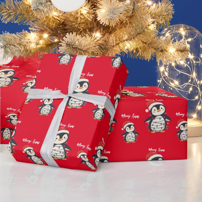 Cute penguin Merry Christmas tree winter Xmas Geschenkpapier (Feiertage)