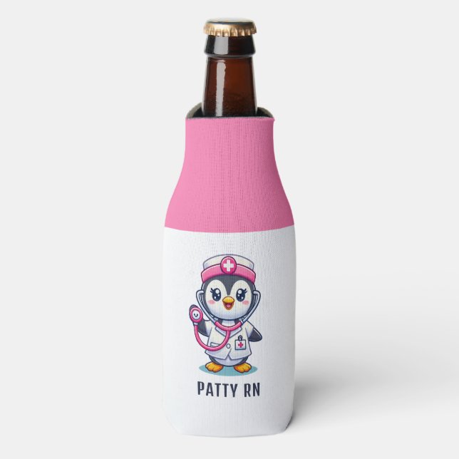Cute Penguin Nurse Pink Stethoscope Custom Flaschenkühler (Flaschenvorderseite)