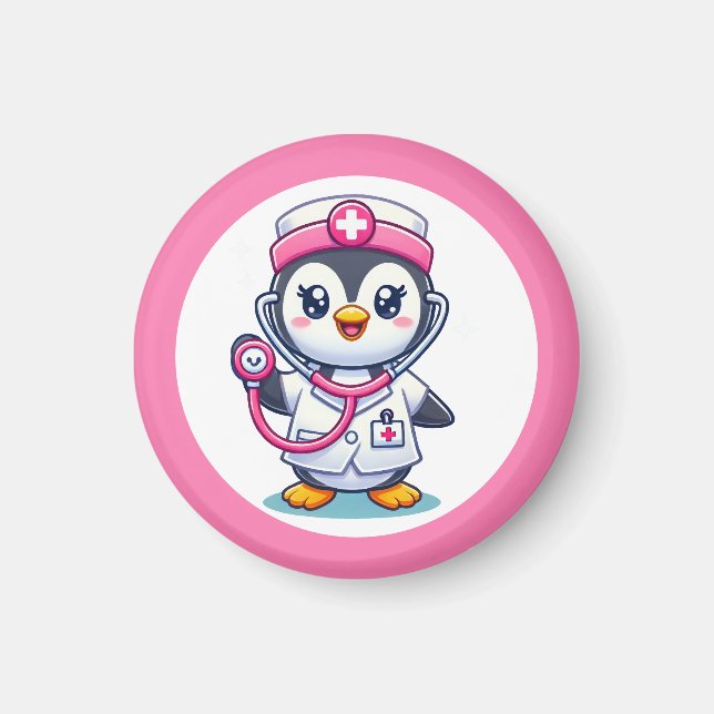 Cute Penguin Nurse Pink Stethoscope Magnet (Vorne)