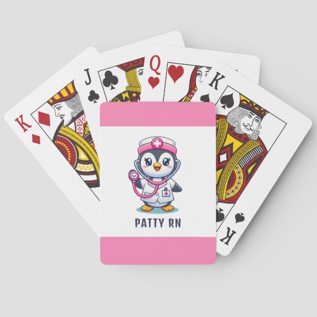 Cute Penguin Nurse Pink Stethoscope Streifen Spielkarten (Rückseite)