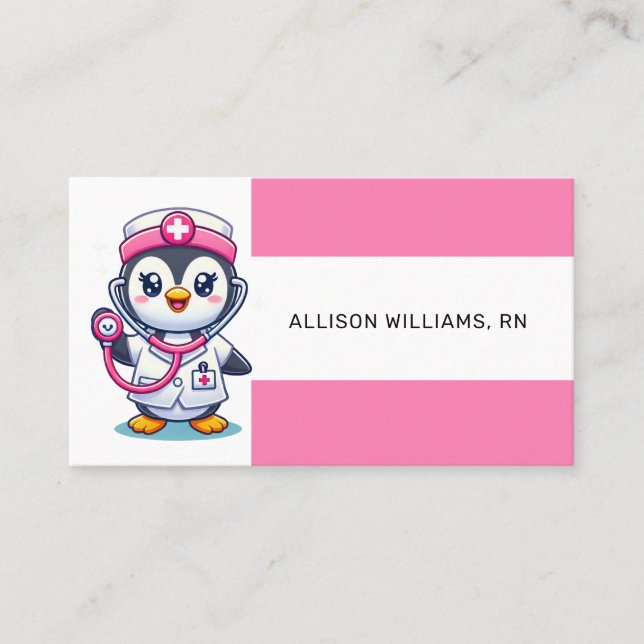 Cute Penguin Nurse Pink Stethoscope Streifen Visitenkarte (Vorderseite)