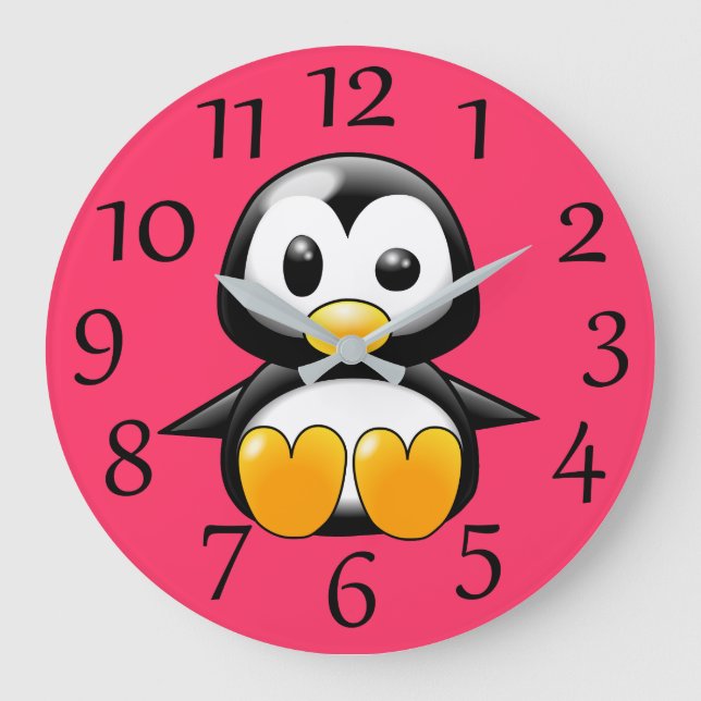 Cute Penguin on Pink Wall Clock Große Wanduhr (Vorderseite)