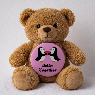 Cute Penguins Better Together Pink Heart Love Button