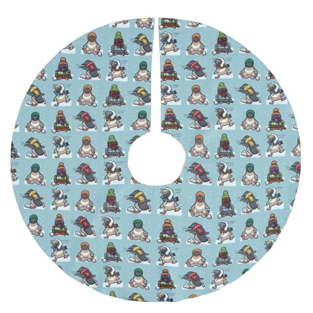 Cute Penguins Christmas Snowball Fight Cartoon Polyester Weihnachtsbaumdecke (Vorderseite)