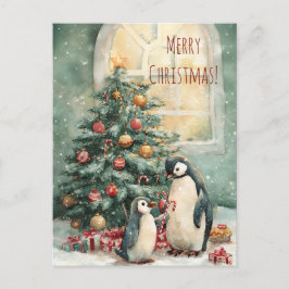 Cute penguins decorates Christmas tree, Christmas Postkarte