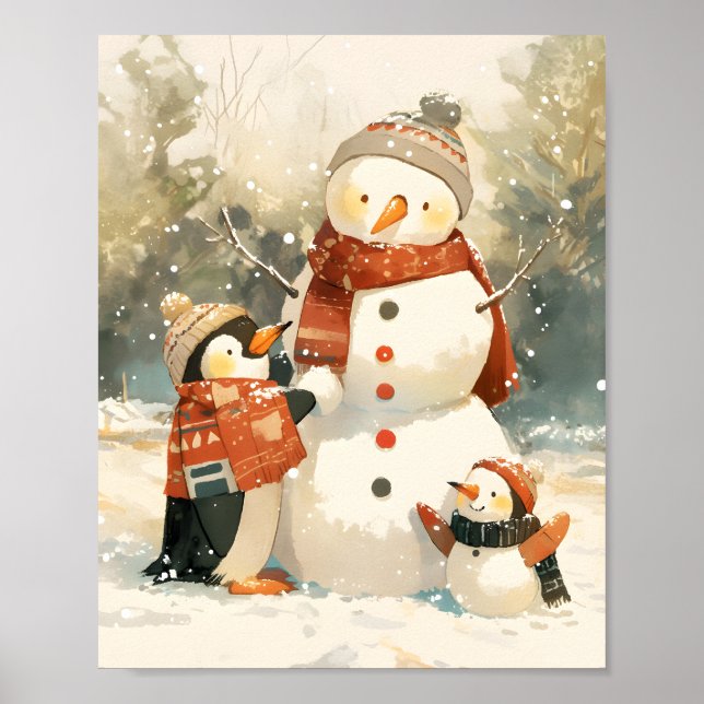 Cute Penguins & Snowman – Cozy Winter Watercolor Poster (Vorne)