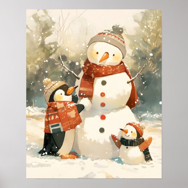 Cute Penguins & Snowman – Cozy Winter Watercolor Poster (Vorne)