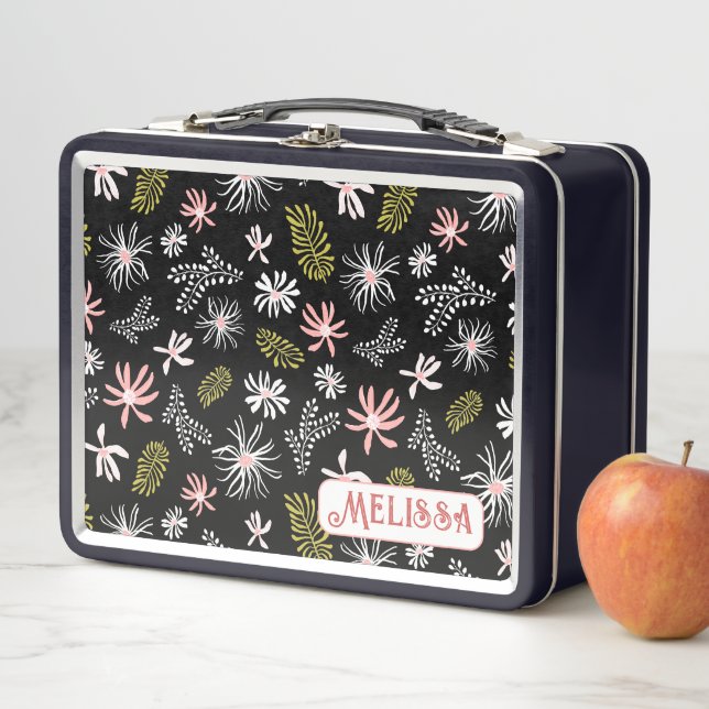 Cute Personal Metal Lunchbox noir & rose floral (En situation)