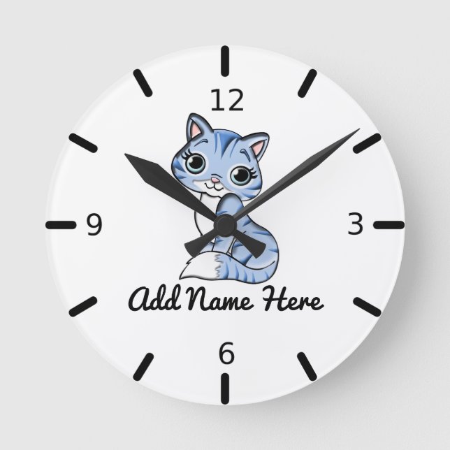 Cute Personalized Blue Kitten Large Clock Runde Wanduhr (Vorderseite)