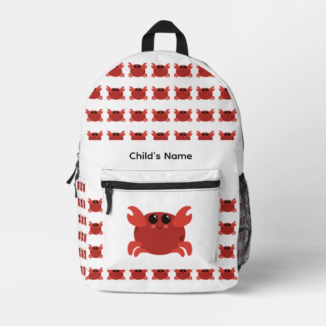 Cute Personalized Kid's Name Red and White Crab Bedruckter Rucksack (Vorderseite)