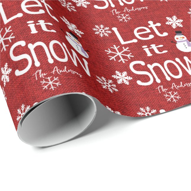 Cute Personalized Let it Snow Red Linen Snowman Geschenkpapier (Rolleneckpunkt)