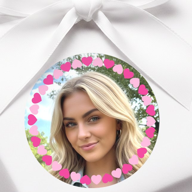 Cute Personalized Photo Love Heart Pink Runder Aufkleber (Von Creator hochgeladen)