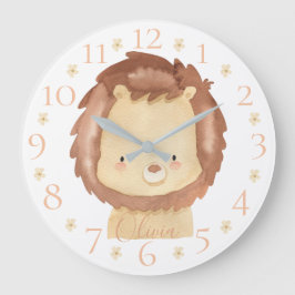 Cute Personalized Watercolor Baby Lion with Name Große Wanduhr
