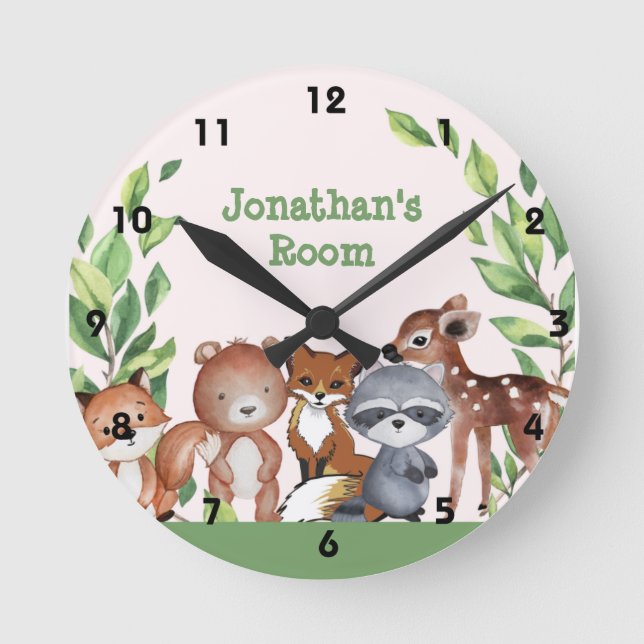 Cute Personalized Woodland Animals Round Clock Runde Wanduhr (Vorderseite)