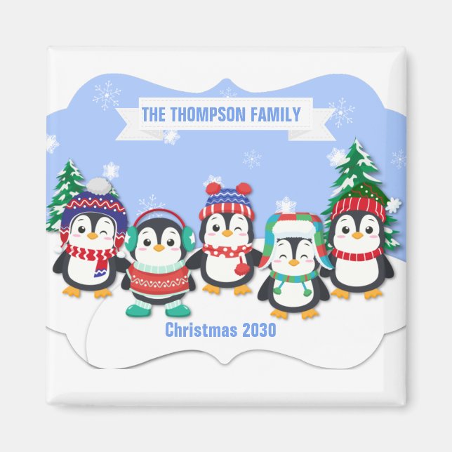 Cute Personnalisé Cinq Pingouins Magnet de Noël (Devant)