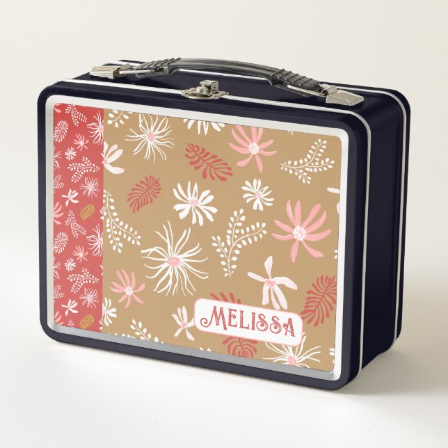 Cute personnelle Métal Lunchbox beige & rose flora (Devant)