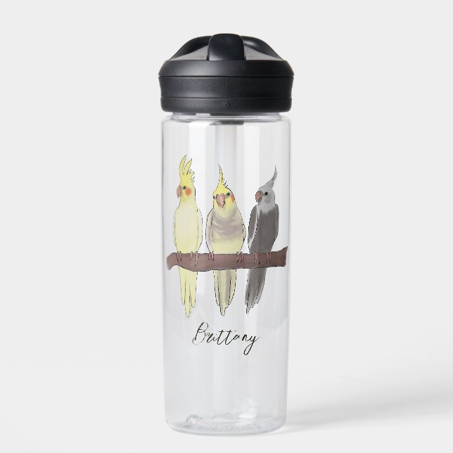 Cute Pet Cockatiels Flock Custom Name Trinkflasche (Vorderseite)