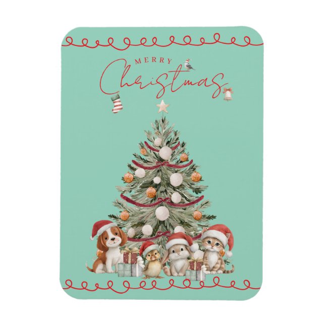 Cute Pets Christmas Magnet on Aqua Background (Vertical)