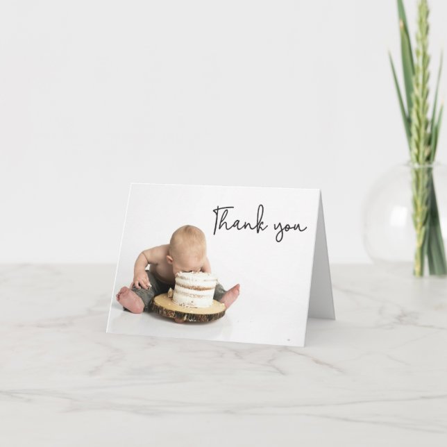 Cute Photo Baby Boy 1st Birthday Thank you  Dankeskarte (Vorderseite)