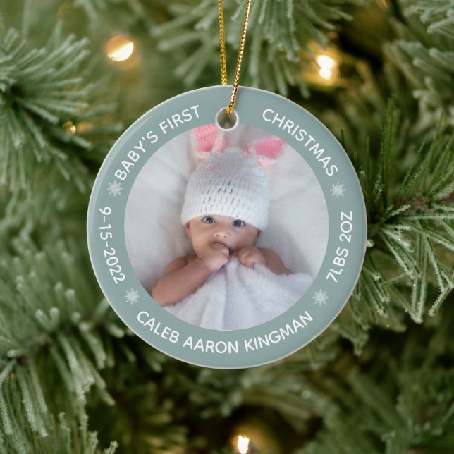 Cute Photo Baby's First Christmas Blue Keramik Ornament (Baum)