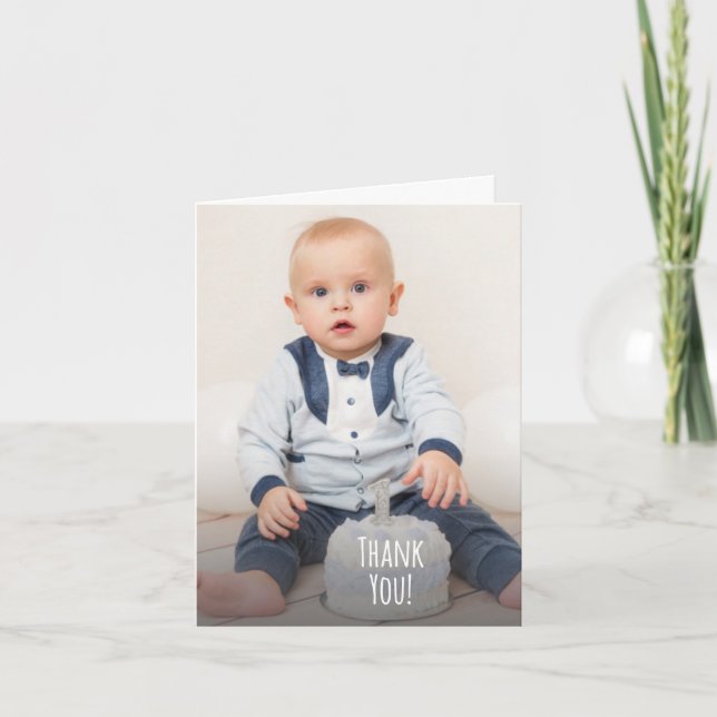 Cute Photo Hand Lettered First Birthday Dankeskarte (Vorderseite)