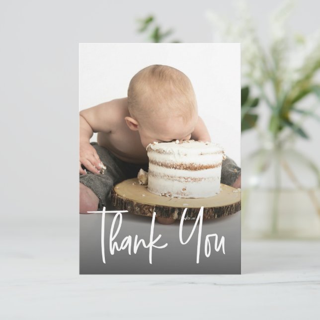 Cute photo handlettering 1st birthday Custom note Dankeskarte (Stehend Vorderseite)