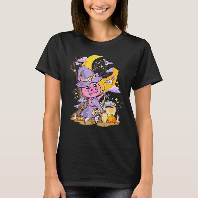 Cute Pig Love Halloween Witch Hat Piggy  Costume T-Shirt (Vorderseite)
