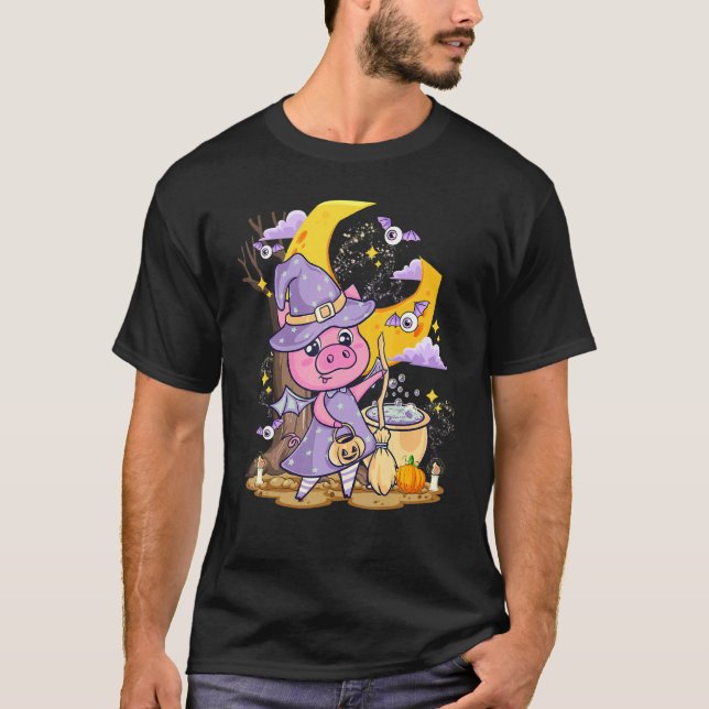 Cute Pig Love Halloween Witch Hat Piggy  Costume T-Shirt (Vorderseite)