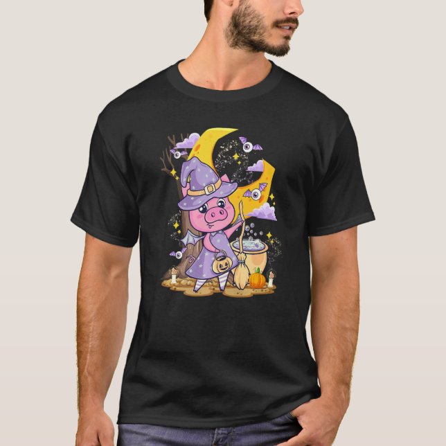 Cute Pig Love Halloween Witch Hat Piggy Costume T-Shirt (Vorderseite)