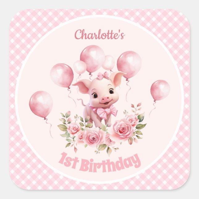 Cute Piggy Rose Farm Girl 1er Anniversaire Sticker (Devant)