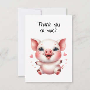 Cute Piglet et Coeurs roses Carte de remerciements
