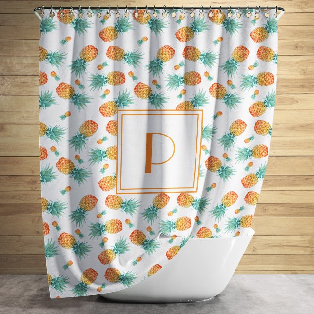 Cute Pineapple Pattern Monogram  Duschvorhang (Modern Monogram Pineapple Fruit Pattern Shower Curtain)