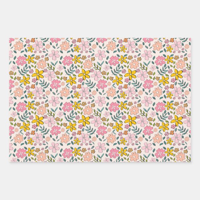 Cute Pink and Yellow Floral Pattern Geschenkpapier Set (Vorderseite)