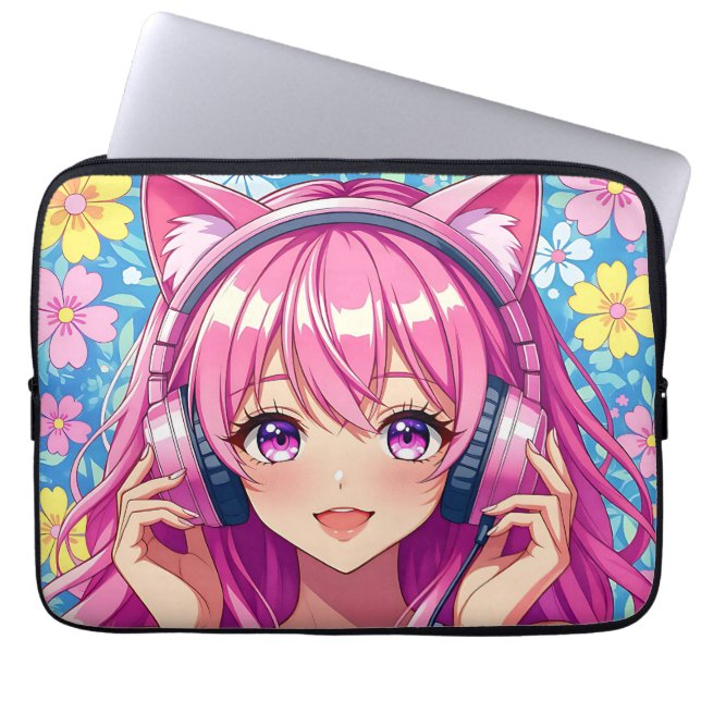 Cute Pink Anime Girl with Headphones Laptopschutzhülle (Vorderseite)