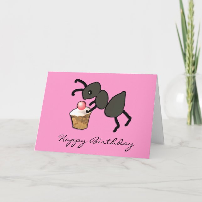 Cute Pink Ant and Cupcake Birthday Card Karte (Vorderseite)