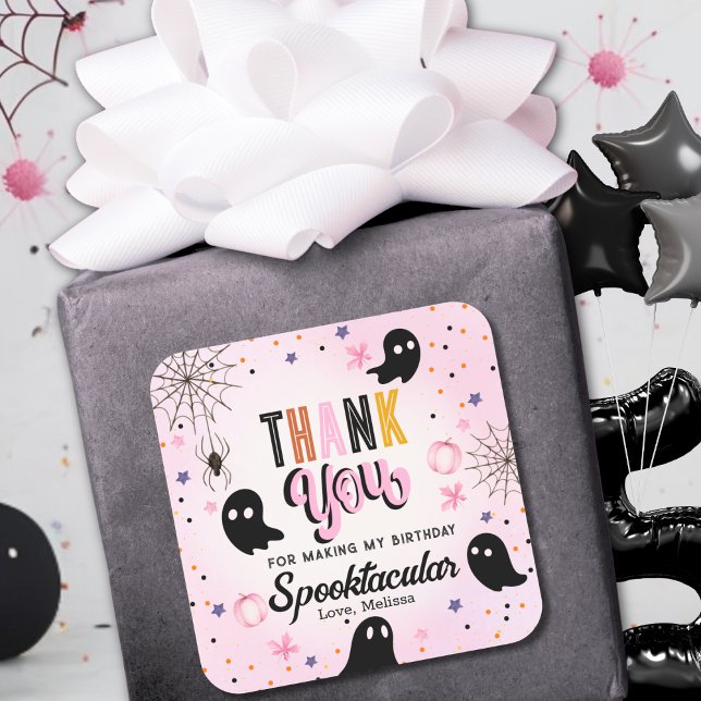 Cute Pink Black Spooktacular Birthday Thank You Quadratischer Aufkleber (Von Creator hochgeladen)
