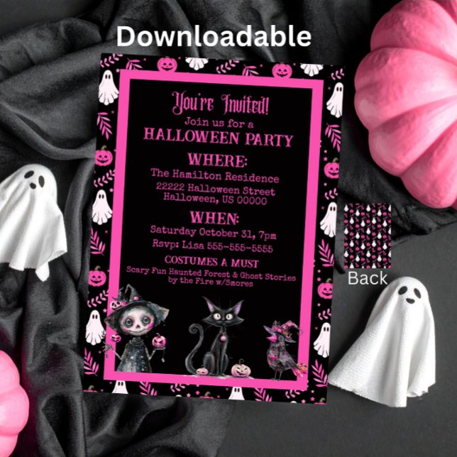 Cute Pink Black White Halloween Party Invitation (Créateur téléchargé)