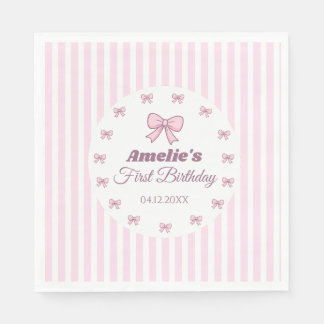 Cute Pink Bow 1st Birthday Party Serviette