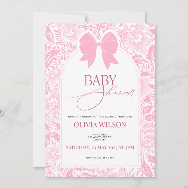 Cute Pink Bow Baby Shower Invitation (Devant)